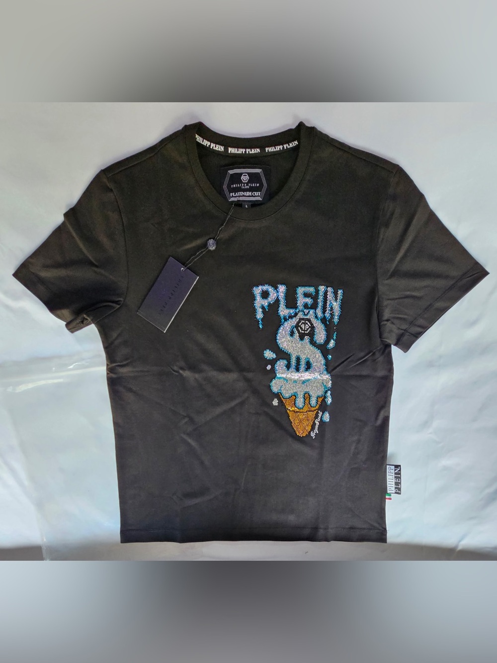 Philipp Plein Black T-Shirt with Blue and Cream Ice Cream Graphic